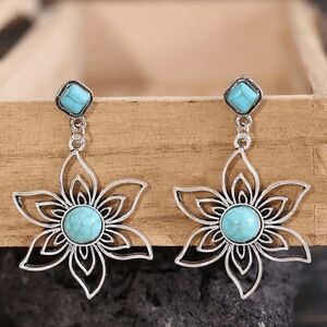 Western Lotus Silver Plated Turquoise Dangle Earrings